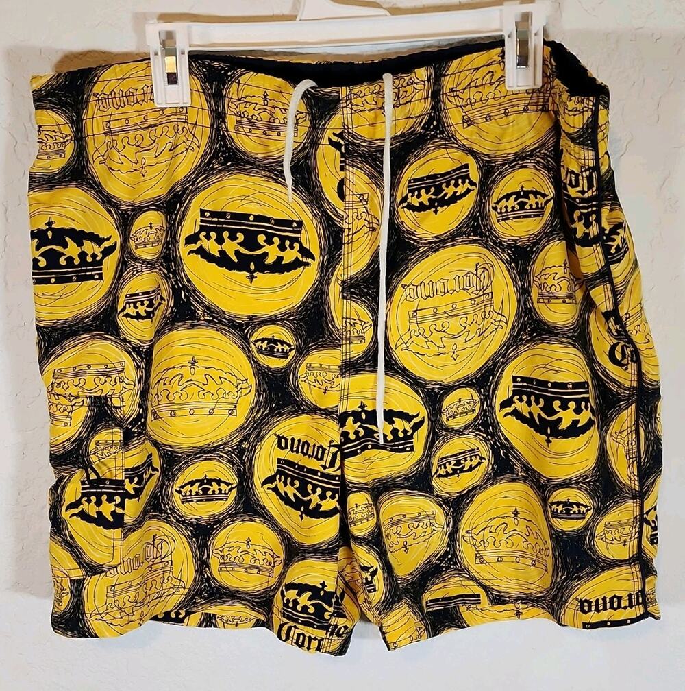 Corona‎ Extra Men’s Swim Trunks Drawstring Elastic Waist XL Yellow/Black Graphic